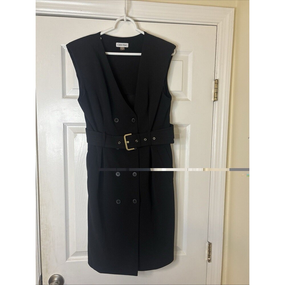 CALVIN KLEIN Belted Double-Breasted Blazer Wrap Dress Size 10 Black Workwear